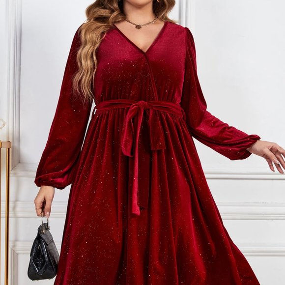 Melo Apparel Plus Size Surplice Neck Balloon Sleeve Tie Belt Midi Dress - Picture 3 of 8